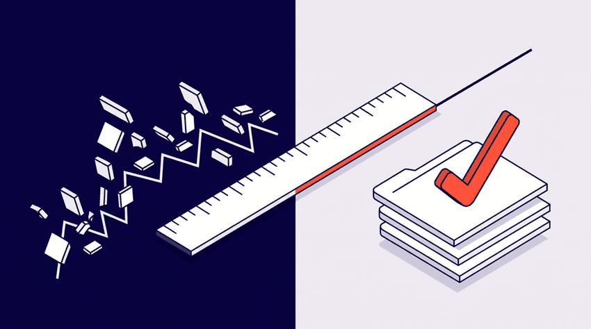 A white ruler spans a split scene, turning a chaotic jagged line on the left into a clean straight line on the right.