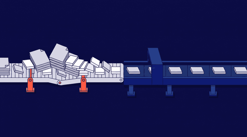 A clean isometric illustration of a system for generating standardized blog headers. A chaotic pile of unformatted shapes and tangled cords passes through a large measuring gate labeled 'STYLE VALIDATOR' with red-orange accent highlights, emerging on a conveyor belt as an orderly, standardized procession of white geometric blocks and dominoes with clear symbols of clarity, metaphor, and order. A red-orange domino with a plus sign is prominently featured in the perfect flow. All elements follow the defined visual system rules.