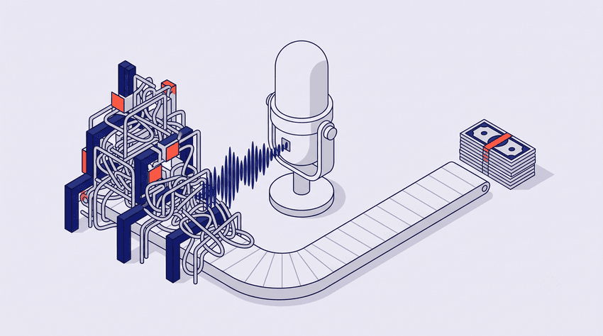 An isometric flat vector illustration depicting a microphone transforming tangled geometric blocks and cables into clear sound waves that lead to an efficient conveyor belt delivering a stack of banknotes, symbolizing the automated and smooth flow of revenue.