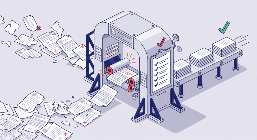 The design depicts a mechanical verification gate filtering chaotic, messy data leaks from the left, transforming them through automated checks into an orderly, fast-moving conveyor belt of perfectly stacked, clean claims on the right, symbolic of preventing submission delays.