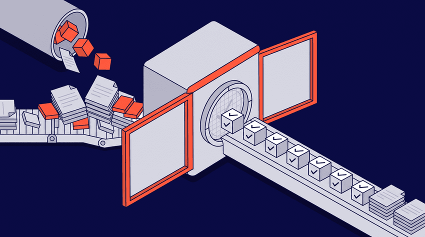A flat vector isometric illustration showing a chaotic pile of jagged, locked speech bubbles and forms on the left, which are fed into a machine marked with a red padlock. From the right of the machine, a neat, orderly line of identical, unlocked white data cubes moves along a clean conveyor belt, visualizing the transformation from unorganized clutter to secure, automated flow.