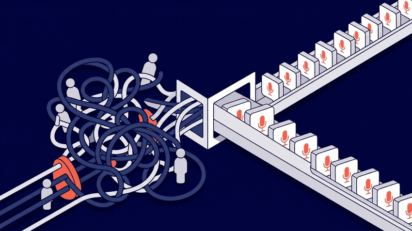 A split illustration shows a tangled telephone cord on the left and a clean straight cord on the right, visualizing how RCM