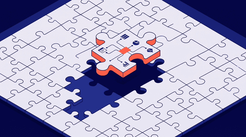 An isometric illustration showing the missing puzzle piece being integrated into a central void, symbolizing how system integration unites disparate business data.