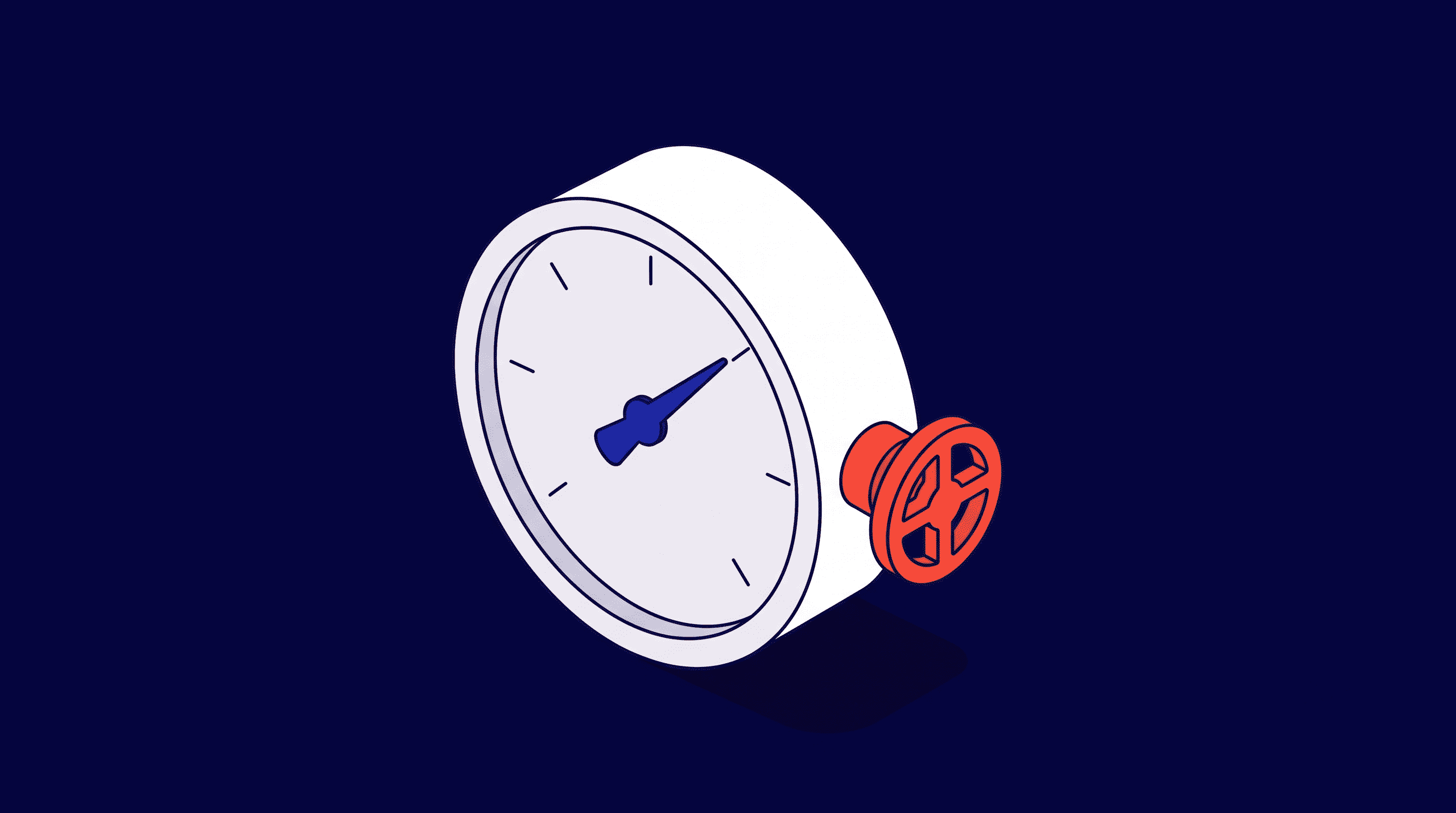 a white pressure gauge centered on a dark navy background, its needle in royal blue shows high pressure while a bright red relief valve is visible on the side.