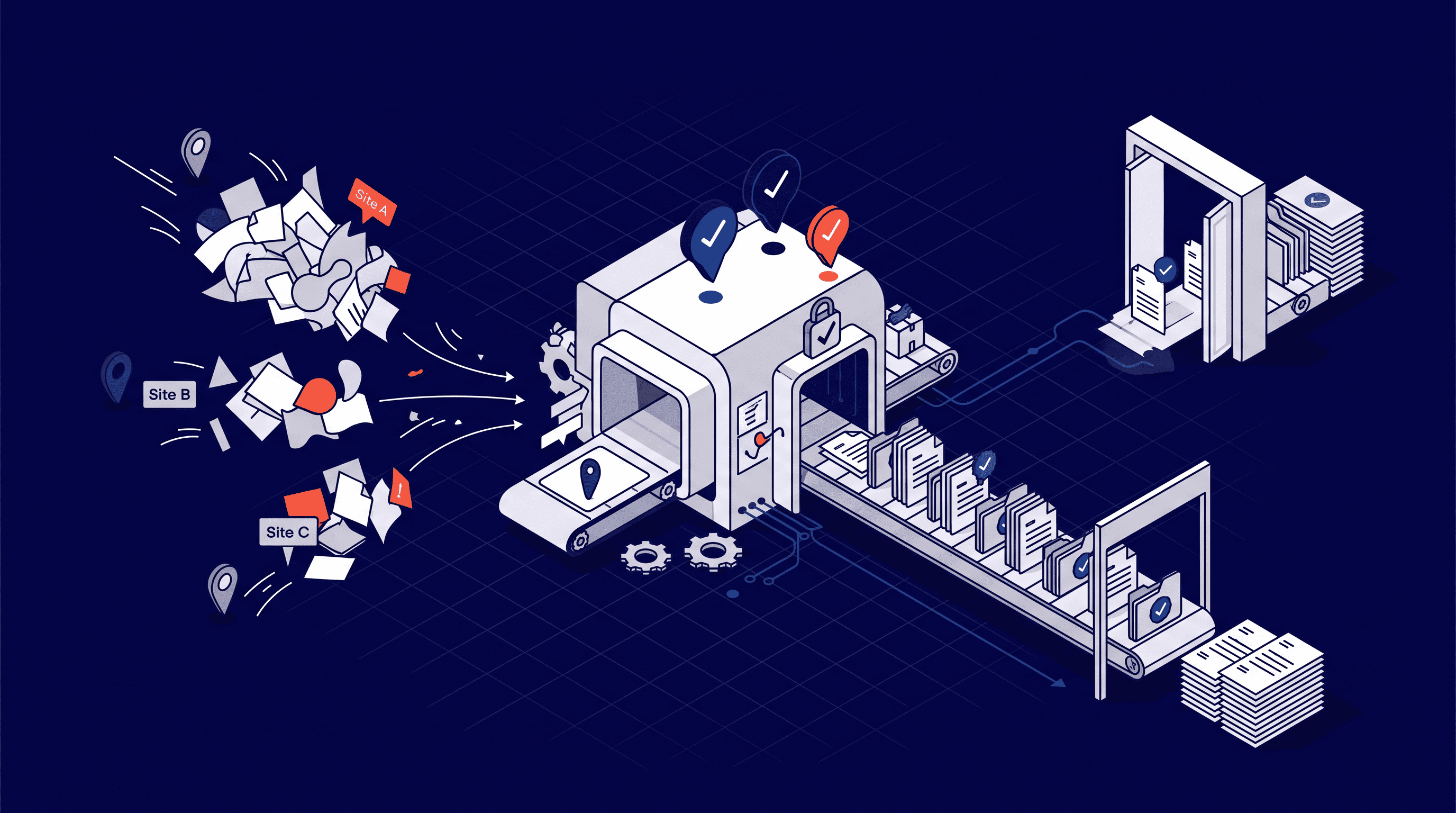 Isometric illustration of an automated claims validation system consolidating chaotic paper files from multiple clinical sites ('Site A', 'Site B', 'Site C') on the left, running them through an AI validation engine in the center, and outputting them as an orderly, checked queue of approved files on a conveyor belt to prevent billing denials on the right, in a flat vector style with navy, blue, and orange accents.