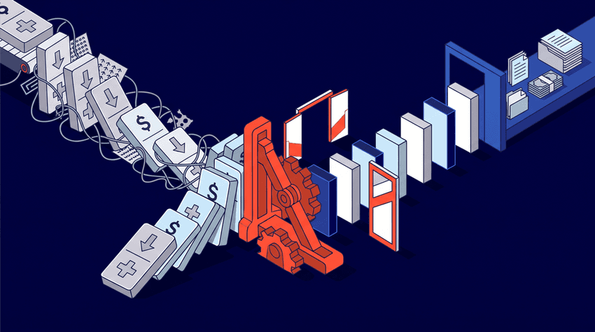 An isometric flat vector illustration on a light greyish-purple background showing falling white dominoes with dollar and medical cross symbols (representing declining CY2027 Physician Fee Schedule Conversion Factors and financial pressure) being stopped and stabilized by a sturdy red-orange mechanical brace (symbolizing automation). On the right, the dominoes stand upright and transition into an orderly, efficient sequence moving smoothly toward document and cash stack gateways, representing revenue protection, margin defense, and automated workflow stability.