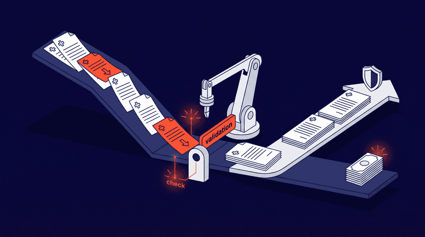 An isometric vector illustration showing how autonomous agents prevent DRG downgrade denials. On the left, claim documents with downward arrows representing revenue loss slide down a path, only to be stopped and audited by a central mechanical validation checkpoint representing AI documentation verification. On the right, the verified, secure claims continue onward toward stacked revenue and a protective shield, symbolizing successfully prevented denials and recovered hospital revenue.