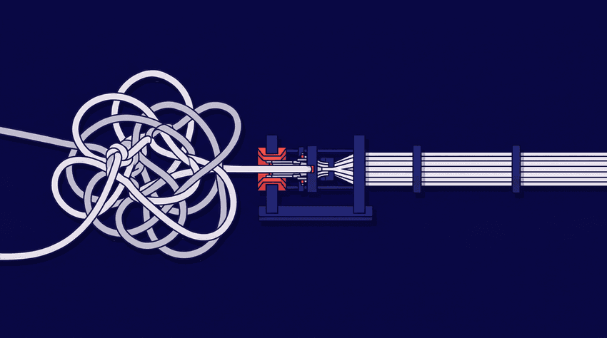 A flat vector isometric illustration showing a chaotic, tangled snarl of many phone cords being transformed by a central processing machine into a neat, straightened, organized bundle.