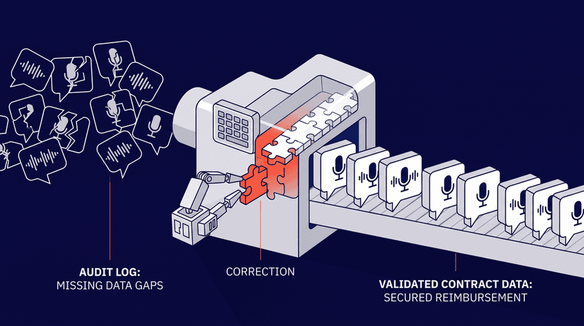 Isometric flat vector illustration showing fragmented, disorganized speech bubbles containing broken microphone icons and chaotic waveforms (#FF4E3A and dark navy blue) floating towards a light grey processing machine with a secure, bright red padlock highlight (#FF4E3A). Emerging from the other side, clean, intact speech bubbles with single microphone icons form an orderly line on a conveyor belt, illustrating the data transformation from messy input to validated, usable information.