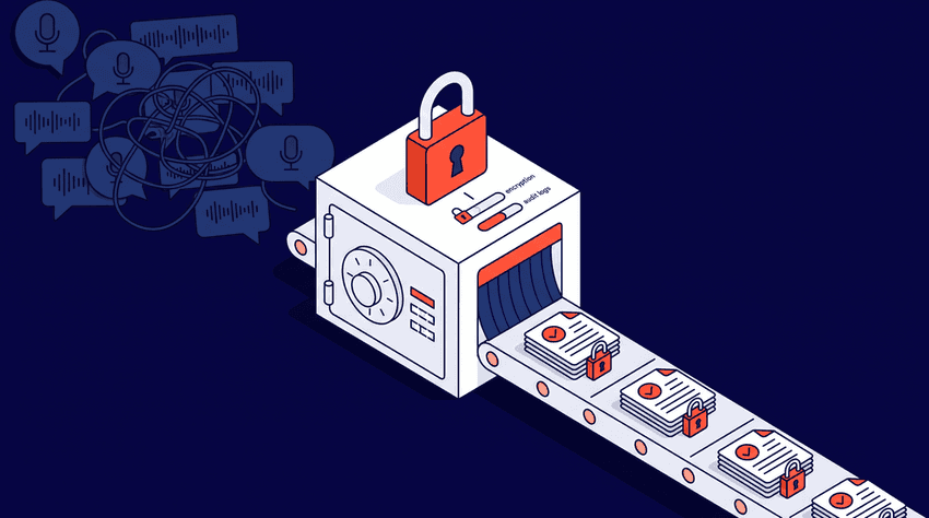 Isometric flat vector illustration of HIPAA Security Rule compliance for voice AI vendors. Chaotic 'ePHI' voice data with microphone and waveform icons is processed through a secure processing vault labeled 'HIPAA SECURITY' and 'SECURE' with an orange padlock. It exits on an organized conveyor belt as 'AUDIT-READY' check-marked files and 'COMPLIANT LOGS', backed by SOC 2 and HIPAA security documentation, against a deep navy background.