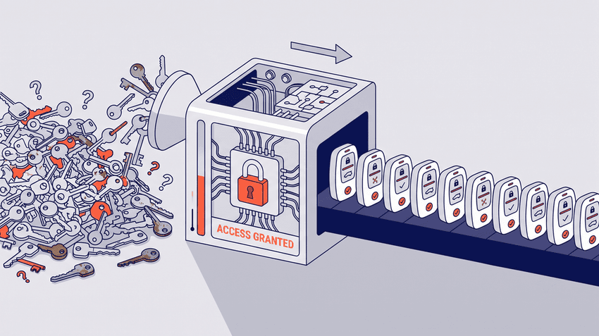 A flat vector isometric illustration depicting a mechanical analytical caliper labeled 'HEALTHCARE AI EVALUATION FRAMEWORK' and 'AUDIT TRAIL', sorting a messy, chaotic flow of tangled grey and red objects labeled 'VAPORWARE', 'BLACK BOX', and 'EMPTY PROMISES' on the left into an organized stream of clean white blocks on the right. The organized blocks include text badges for 'SOC 2 Type II', 'HIPAA compliant', 'ACCURATE BENEFITS', 'PROVEN ROI', and 'AUDIT LOGS'. The image symbolizes a disciplined audit process separating true capability from marketing claims, rendered using a dark navy background, white primary elements, and orange accents, with thin outlines and a soft drop shadow.