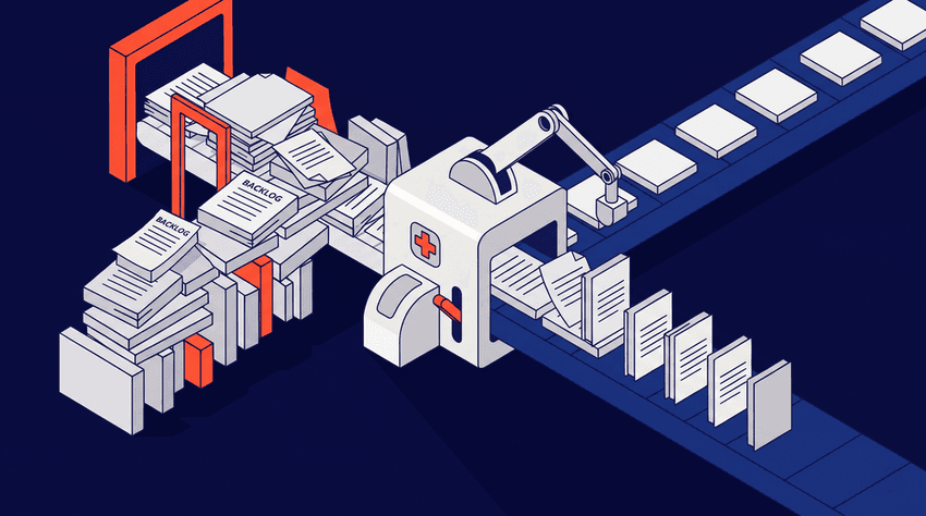 An isometric flat vector illustration representing the automation of Medicare hospital outpatient prior authorization, transforming a cluttered, stalled backlog of medical files (on the left) into a continuous, organized flow of approved documents (on the right) via a central processing hub, illustrating the transition from manual delays to automated, compliant throughput.