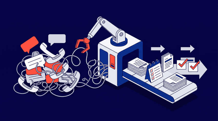 An isometric vector illustration depicting Neuromonitoring Billing Payer Calls: Automation vs. Manual workflows. On the left, a chaotic pile of tangled phone cords, handset receivers, and cluttered speech bubbles in white, grey, and red represents the intensive manual effort of payer calls. In the center, a processing gate with a robotic arm (representing VoiceCare AI’s autonomous agents) untangles and automates the chaotic workflows. On the right, the streamlined output is shown as an orderly conveyor belt with neatly organized folders, calendars, checklists, and successful checkmarks moving smoothly forward under direction arrows, symbolizing streamlined prior authorizations, denial management, and HIPAA-compliant reimbursement workflow on a deep navy background.