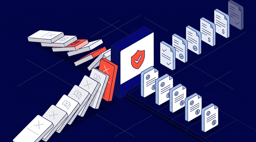 Isometric flat vector illustration of the No Surprises Act IDR final rule claims and denials impact on a deep dark blue background, depicting an automated barrier with a red-orange shield stopping a cascading domino pile of denied claims and disputes on the left, transitioning into an orderly, upright queue of verified, approved healthcare claims and revenue on the right.