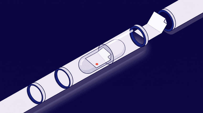 A clean flat vector isometric illustration on a dark blue background showing a white pneumatic-tube capsule with a bright red seal accent moving upwards along a clear curved tube, where a document emerges from the open end at the top-right, representing the automated and reassuring delivery of eligibility results straight into an EHR.