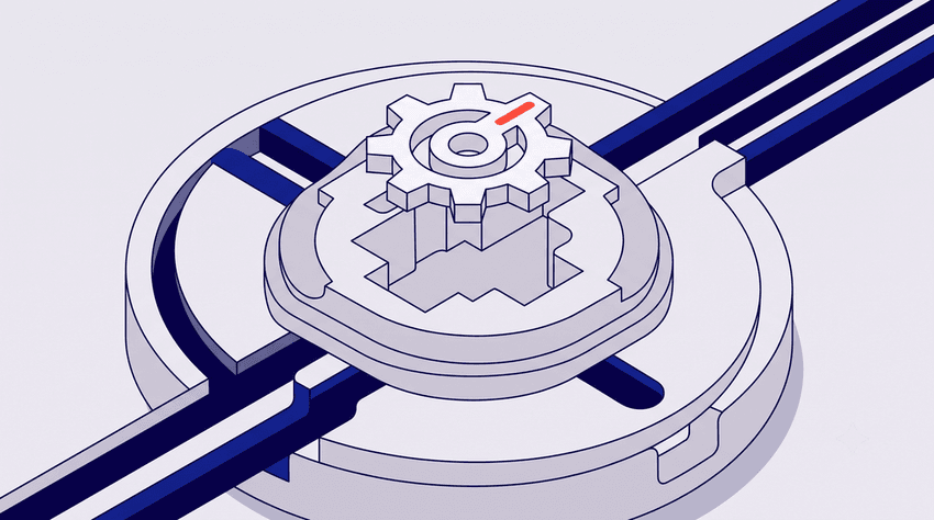 A central light grey gear with a red mark is about to be placed into a multi-level geometric mechanism, symbolizing the missing key that enables a synchronized claims validation system.