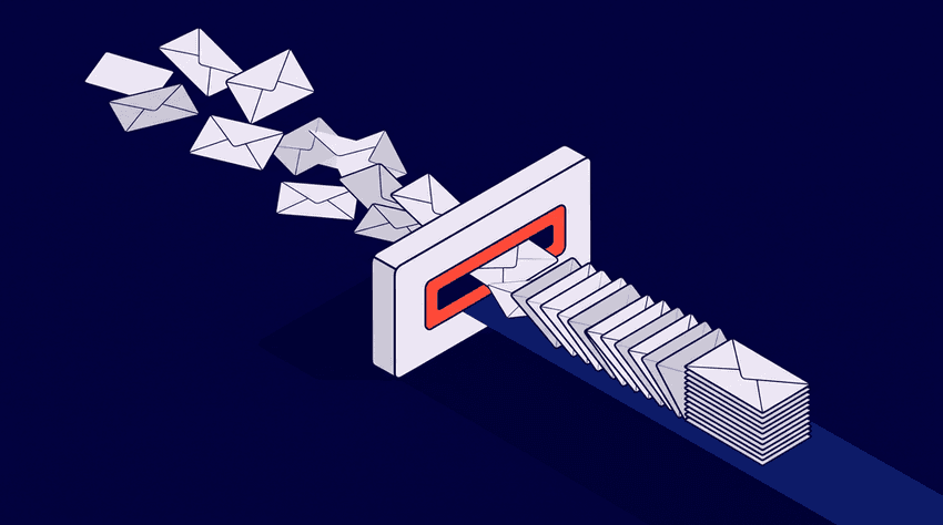 a mail slot in a dark background receives scattered envelopes and outputs a neat stack, illustrating automated follow‑up.