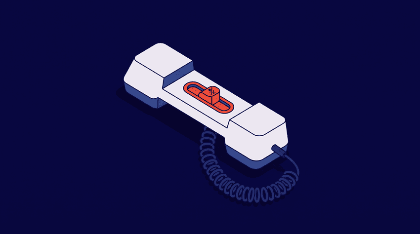 a white telephone handset on a dark navy background with a bright red‑orange mute toggle indicating automated follow‑up
