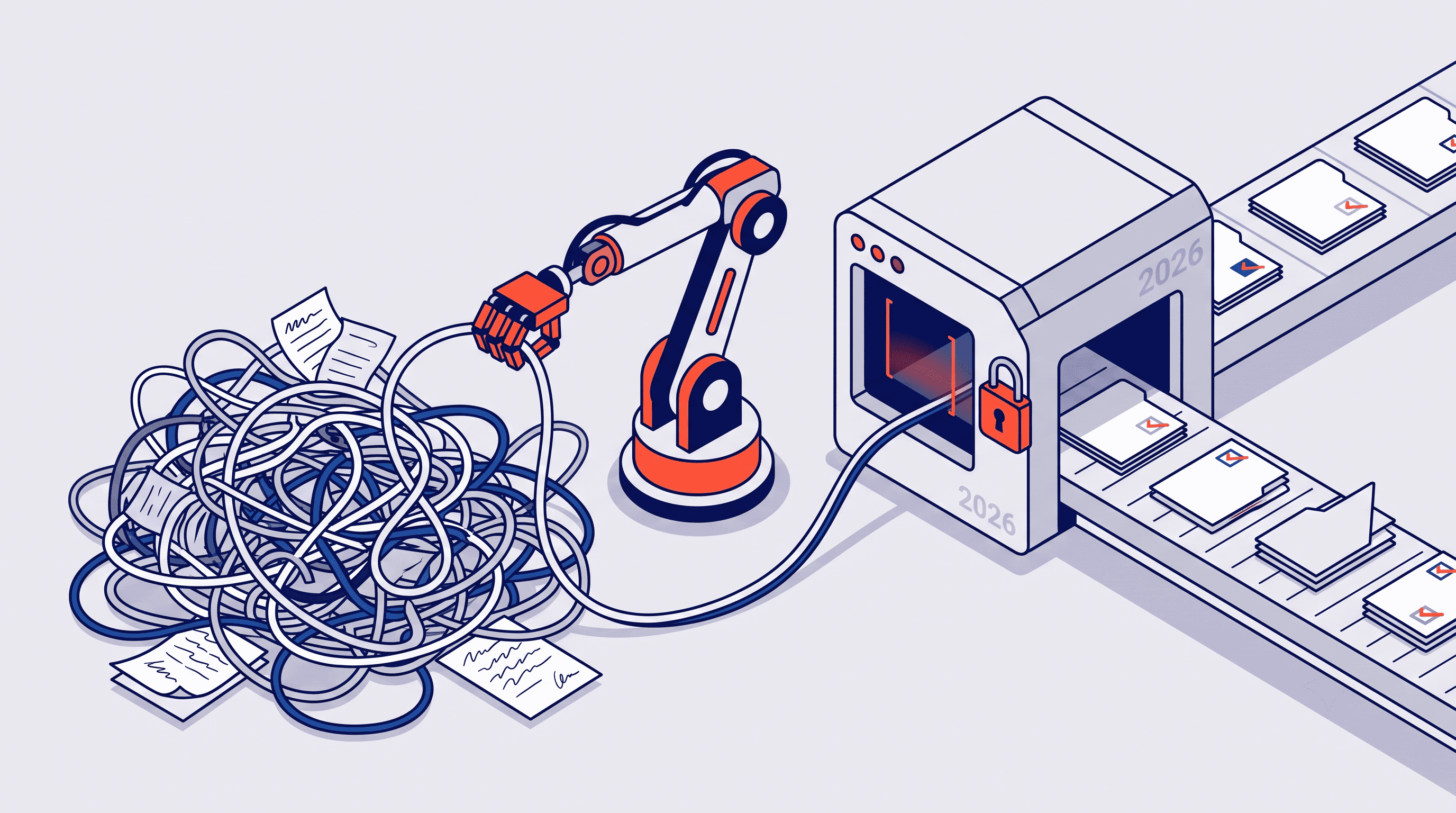 Flat vector illustration of specialty drug prior authorization automation with a robotic arm untangling a complex heap of paperwork and cords, feeding them into a compliance processing machine labeled 2026, which outputs organized approved files on a conveyor belt.