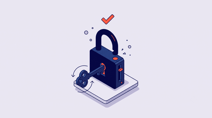 a navy key turning in a padlock on a light background, with a red checkmark above, symbolizing prior‑auth removal