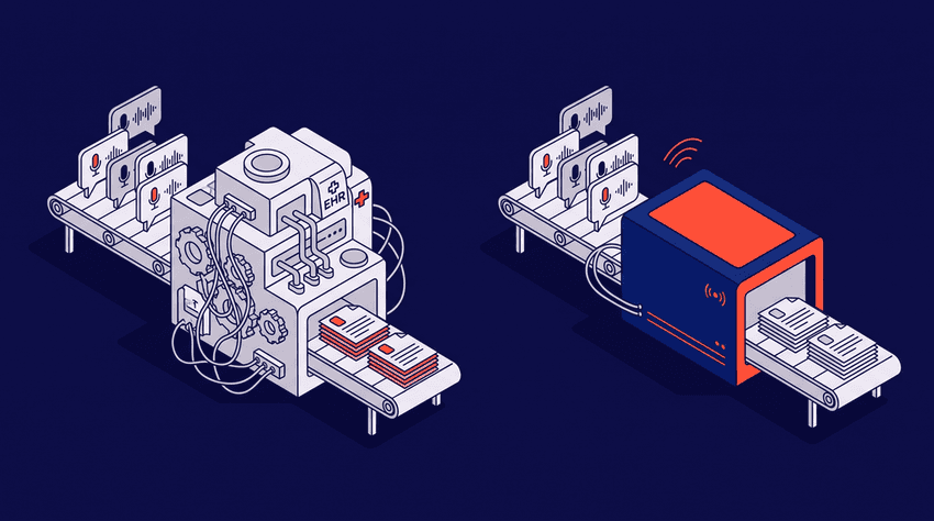 An isometric comparative illustration showing two parallel workflow systems side-by-side on a dark navy blue background.