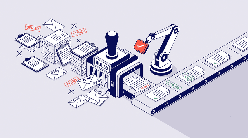 Flat isometric illustration of an automated AI workflow preventing dermatology medical necessity denials, transforming chaotic "DENIED" and rejected claim files at a "RULES" gateway into "APPROVED" and processed claims on a conveyor belt.