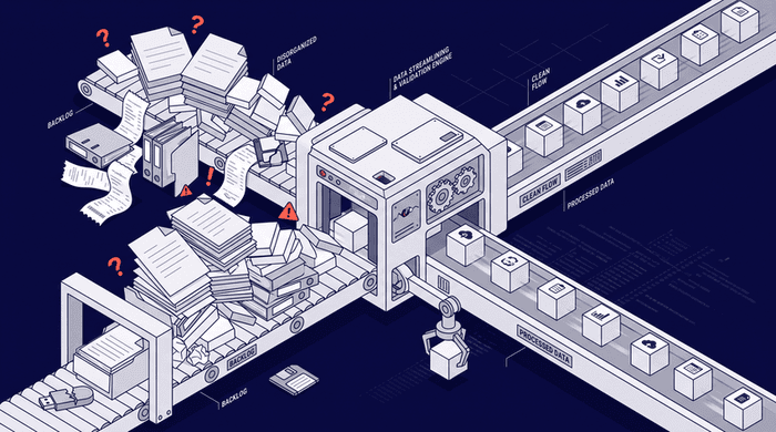 A clean isometric illustration on a light grey background showing diverse voice recordings (microphone speech bubbles) transformed through a processing cube (with a secure lock) into a perfect stream of structured data on a conveyor belt.